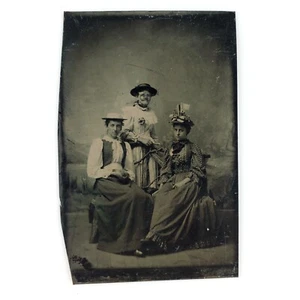Patriotic Flag Hat Women Tintype c1870 Girl Group 1/6 Plate Ladies Photo A3394 - Picture 1 of 2