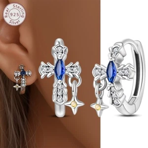KUNSIR 925 Sterling Silver Cross Hoop Earrings &Star Charm Women Men Earrings - Picture 1 of 6