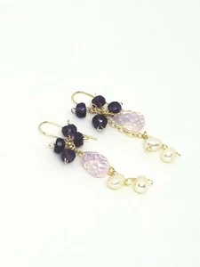 14k Yellow Gold Pink Opalite Briolette Amethyst White Pearl Cluster Earrings - Picture 1 of 4