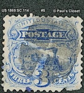 US 1869 SC 114~3¢ LOCOMOTIVE  ULTRAMARINE WITH GRILL 1869 USED NO GUM FINE  #5 - Picture 1 of 2