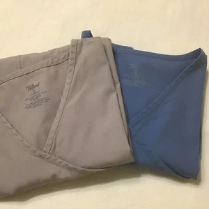 2 Tafford Scrub Tops Medical Uniform Solid Blue & Tan Sz Sm - Picture 1 of 12