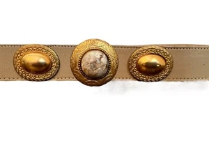 Vintage Beige Adjustable Belt Gold Tone Medallions Center Faux Marble Stone S/M - Picture 1 of 6