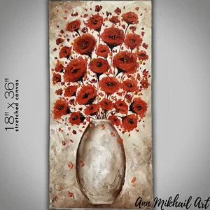 Oil Painting Abstract Contemporary Red Poppies Vase Gallery Canvas 18 by 36 AMA - Picture 1 of 22