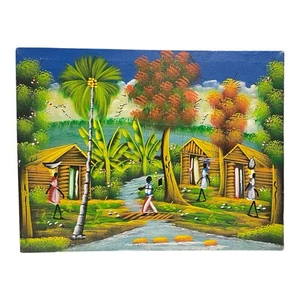 Haitianische Volkskunst Original Ölgemälde Dorfleben 16”x 12”, signiert Romy - Bild 1 von 8