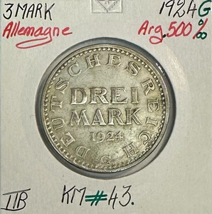 ALLEMAGNE - 3 MARK - 1924 G - Pièce de Monnaie en Argent // Qualité : TTB - Foto 1 di 2