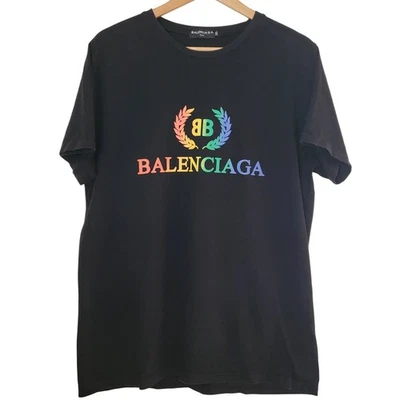Balenciaga Rainbow Silk Screen BB Logo Black Designer T-Shirt Men 3XL - Image 1 of 4
