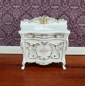 JBM Miniature Bathroom Sink White & Gold Baroque Style 1:12 Scale Dollhouse - Picture 1 of 6