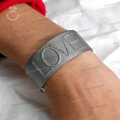 925 Sterling Silver Cuff Bangle Love Diamond Cuff Bracelet Handmade Jewelry 31gm - Image 1 of 4