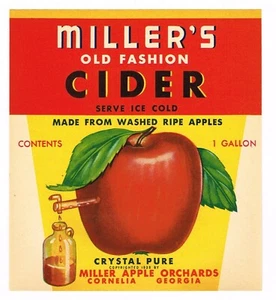 ORIGINAL BOTTLE LABEL VINTAGE APPLE CIDER MILLERS ORCHARDS CORNELIA GEORGIA - Picture 1 of 1