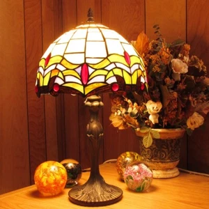 Fleur de-Lis Tiffany Style Stained Glass Lamp w/ Satin Bronze Finish Base - Picture 1 of 3
