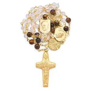 Pope Francis Rosary with Clear Crystal and Tiger's Eye Beads Catholic Vatican - Picture 1 of 5