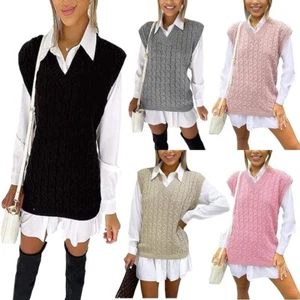 Maglione donna senza maniche scollo a V maglia grossa con cavi maglione donna maglia - Foto 1 di 8