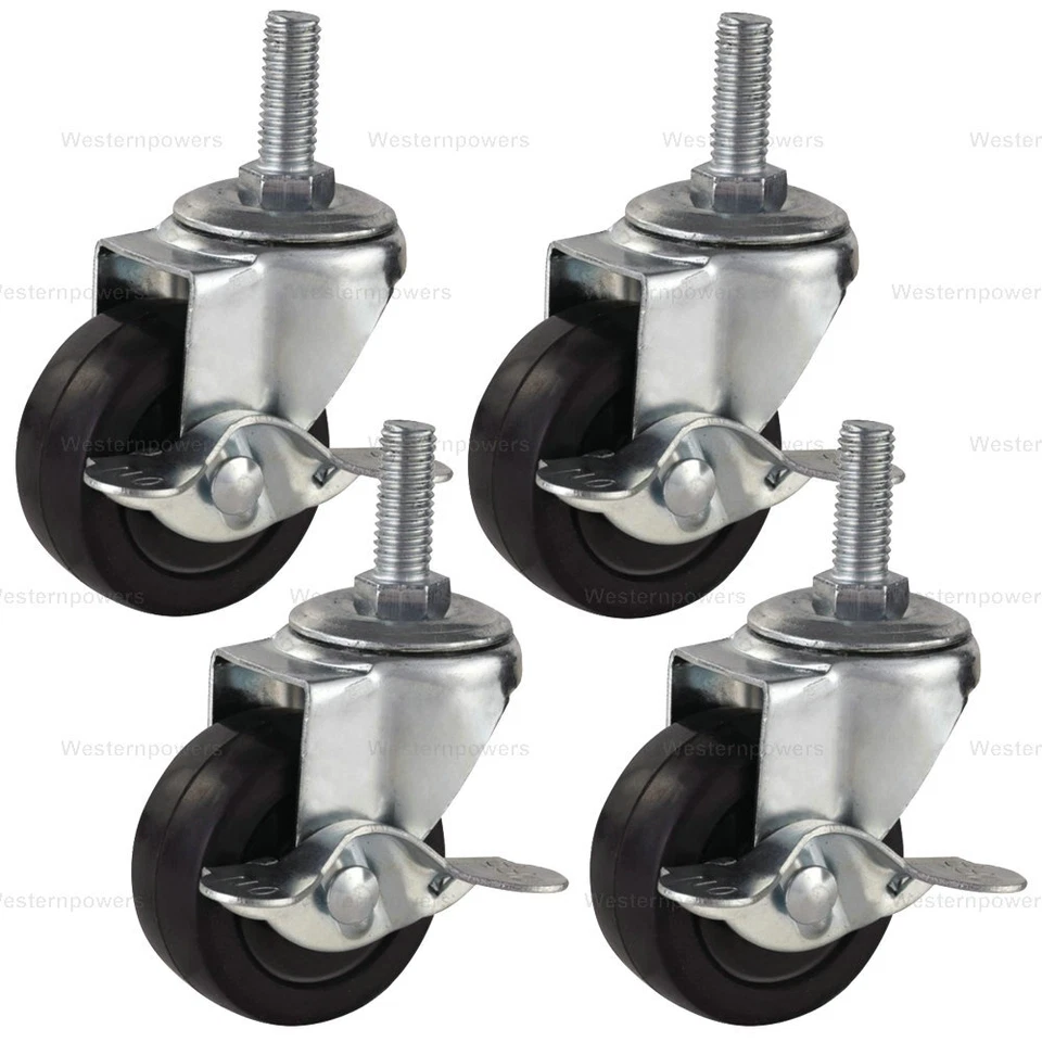 4x 3 Inch Rubber Casters Heavy Duty Safety Brake Wheels for Wire Shelving Rack