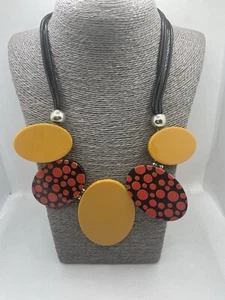 JCUK Black Yellow Red Large Flat Beaded Bib Statement Necklace Black Cord Strung - Picture 1 of 11