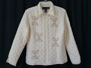 Anne Carson Womens embellished wood & beads Quilted SILK Jacket ivory M -NWOT- - Picture 1 of 5