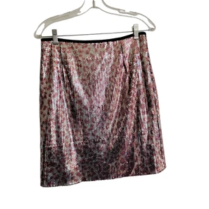 Nanette Lepore Sequin Skirt Animal Print Silver Pink Pencil Glam Women 8 - Picture 1 of 10