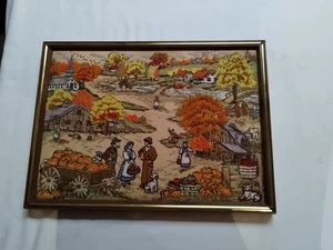 18" x 13" Needlepoint Vintage Embroidery Country Scene People Pumpkins Dogs VTG - Picture 1 of 9