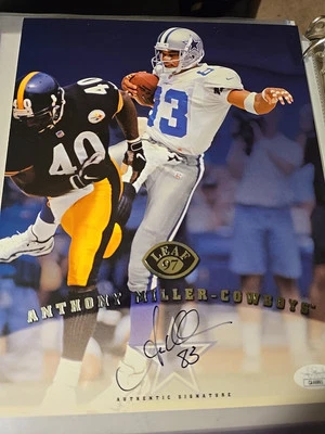Tarjeta autografiada por Anthony Miller de los Dallas Cowboys 1997 hoja 8x10 certificada por la JSA Foto 1 de 4
