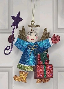 Vintage Pier One angelo glitter metallo ornamento da appendere 5" x 4,5"  - Foto 1 di 10