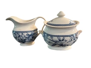 222 Fifth Adelaide Blue and White Sugar Bowl And Creamer - Picture 1 of 4