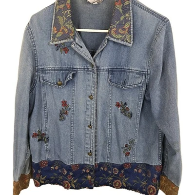 Vintage Stonebridge Denim  Jacket Embroidered Floral LARGE Boho Hippie Tapestry - Image 1 of 4
