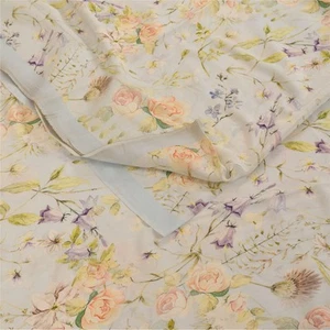 Sanskriti Vintage Sarees Ivory Pure Crepe Silk Printed Sari 5+Yd Craft Fabric - Picture 1 of 12