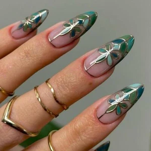 Green Diamond Pattern Nail Art Detachable Floral Transparent Nails for Women - Picture 1 of 7