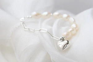 D10 romantisches Armband mit Süßwasserperlen Herz Ankerkette 925 Sterlingsilber - Bild 1 von 7