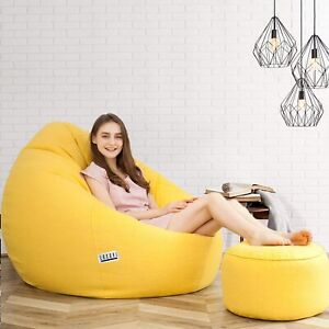 Yellow Bean Bag Leather Chair cover With Foot Rest cover without Beans Size 4XL