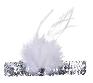 silberner Charleston Kopfschmuck mit Federn + Pailletten 20er Jahre - Bild 1 von 1