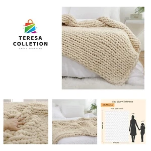 Chunky Knit Blanket Throw 60"x80", Soft Jumbo Chenille Throw Blanket, 100% Ha... - Picture 1 of 9
