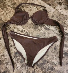Vtg Victorias Secret Swimsuit Bikini Brown Halter Underwire Top 38D/Bottom L - Picture 1 of 12