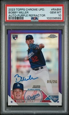 Bobby Miller 2023 Topps Chrome Update AUTO PURPLE REFRACTOR 015/250 PSA 10 - Image 1 of 2