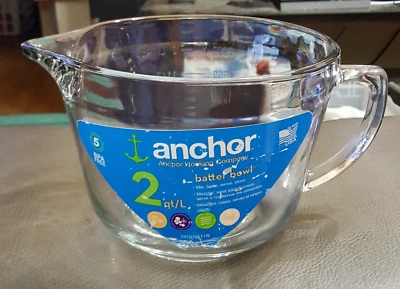 Anchor Hocking Clear Glass Mixing Batter Bowl 2 Qt, 8 Cup, 2L Measuring Cup, USA - Image 1 of 4