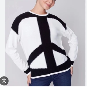 Charlie B Peace Sign Jacquard Sweater Womens Large Black White Knit Pullover - Picture 1 of 6