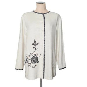 KOOS of Course Tan Linen Blend Black Applique Embroidered Jacket XS - Picture 1 of 3
