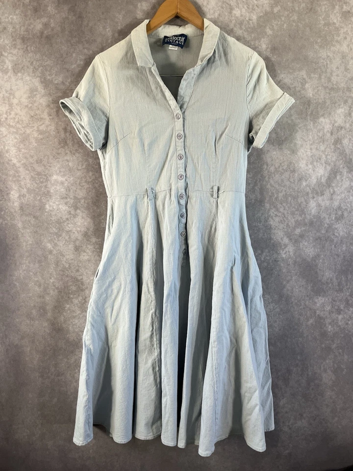 Vestido Collectif Midi Mujer XL Azul Pestaña Enrollable Manga Corta Cuello Medio Botón Foto 1 de 4