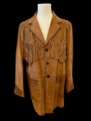 CRIPPLE CREEK XL Gamuza Flecos Frontera Cuero Occidental Tostado Forrado Botón Chaqueta Foto 1 de 4