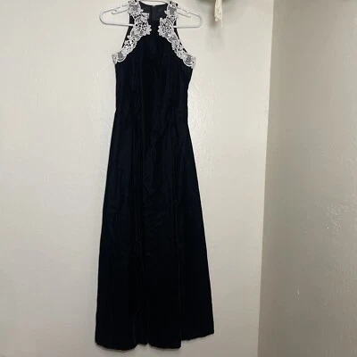 Maxi Vestido Jessica McClintock Gunne Sax Terciopelo Negro/Blanco Halter 7/8 Borde de Encaje Foto 1 de 4