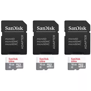 3 Units SanDisk 16GB Ultra UHS-I microSDHC Memory Card with SD Adapter - Picture 1 of 4