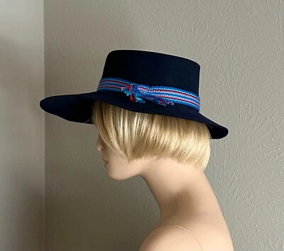 Sombrero Stetson Vintage Para Mujer Azul Marino Lana Piel Wannamaker Ala Alegre Talla 22 Foto 1 de 4