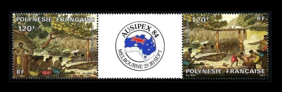 French Polynesia Ausipex Stamp Expo 1984 - Māori Sacrifice Gutter Pair - **MNH - Image 1 of 1