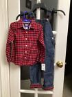 New With Tags Boys 4t Osh Kosh outfit Lined Jean Bibs And Matching Flannel Shirt