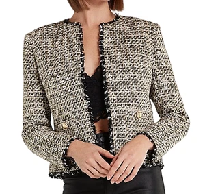 CHAQUETA BLAZER EXPRESS FUERTE HOMBRO DORADO BOTÓN TWEED TALLA XS - Imagen 1 de 10