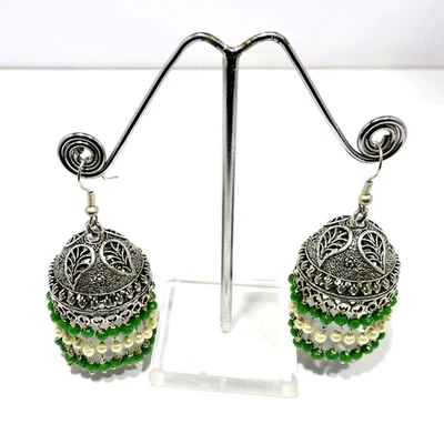 Grüne Quarz Oxidierte Silber Haken Jhumka Jhumki Ohrringe Mode Schmuck - Bild 1 von 4