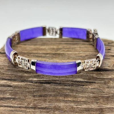 复古薰衣草玉纯银铰边手链面板亚洲图案 7.5 码 — 第 1/4 张图片