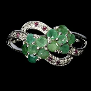 925 Sterling Silver Ring Round Emerald 2.5mm Rhodolite Flower Gemstone Jewelry 8 - Picture 1 of 13