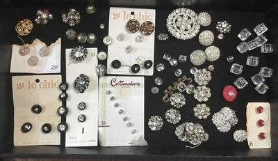 107 Vintage Rhinestone Button Lot Sparkly Plastic Lot, Sets - Image 1 of 4