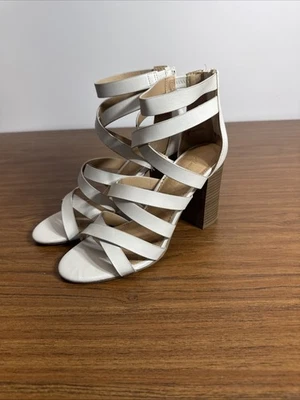 American Eagle Women Open Toe Block High Heel Sandal Shoe White Leather Sz 7 - Image 1 of 4