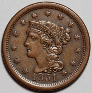 1851 Braided Hair Liberty Head Large Cent - US 1c Copper Coin - Picture 1 of 8